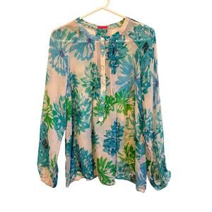 reFresh 100% Silk Sheer Aqua Floral Blouse Long Sleeve Buttons Pleats Medium